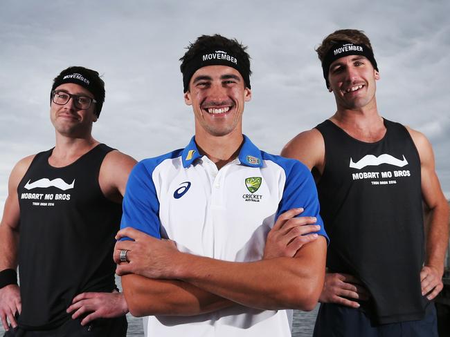 L-R Stuart Cooper member of Hobart Mo Bros running in the Point to Pinnacle, Mitchell Starc, Callan Dell member of Hobart Mo Bros running in the Point to Pinnacle. Australian cricketer Mitchell Starc Movember with members of the Hobart Mo Bros. Picture: NIKKI DAVIS-JONES