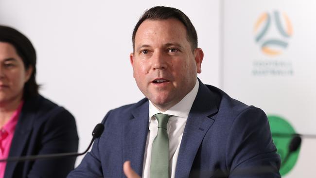 SYDNEY, AUSTRALIA - NOVEMBER 08:  Football Australia CEO James Johnson speaks to media during the Football Australia Collective Bargaining Agreement Announcement at Allianz Stadium on November 08, 2023 in Sydney, Australia. (Photo by Mark Metcalfe/Getty Images for Football Australia)