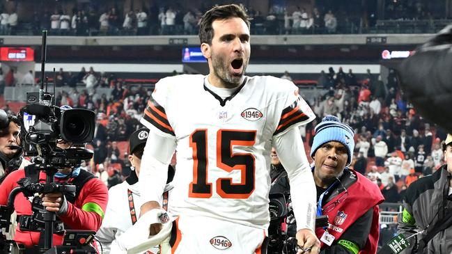 Joe Flacco celebrates after defeating the New York Jets in Week 17. Picture: Nick Cammett/Getty Images