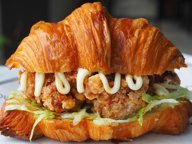 Bam Bam Bakehouse’s chicken karaage burger comes on the bakery’s famous three-day-to-perfect croissant. 