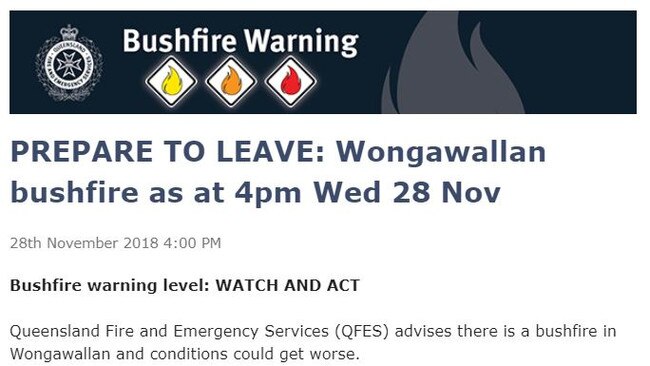 A statement from QFES warning of the bushfire at Wongawallan.