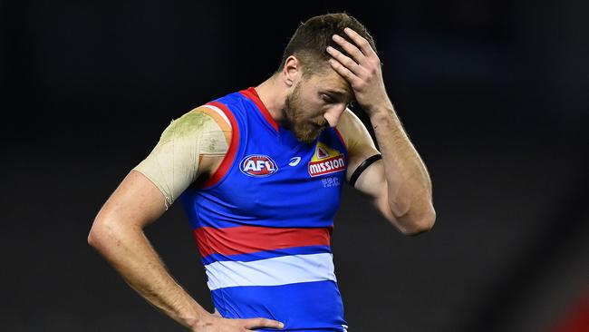 Marcus Bontempelli looks on shattered after the Bulldogs’ loss. Picture: Quinn Rooney/Getty Images