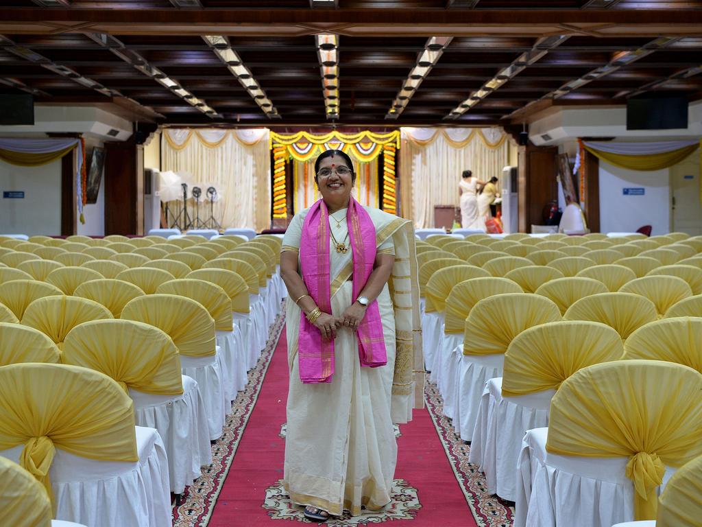 Bhramaramba Maheshwari P., 59, an Indian Sanskrit scholar and Hindu priestess, at a wedding hall in Bangalore, India on February 21, 2018. Picture: AFP