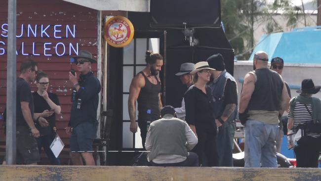 Bikies take over the Gold coast again, but this time its actors playing the part during filming for Aquaman at a ready made set at the Spit. Picture Glenn Hampson