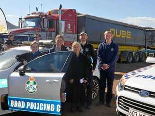 TRUCK CRASH INCREASE: Constable Bradley Bennett informs Warwick Christian College students Paris Meharg, Zyetta Shephard-Picton and Henry Sommerlad of the risks involved in truck crashes. Picture: Tessa Flemming