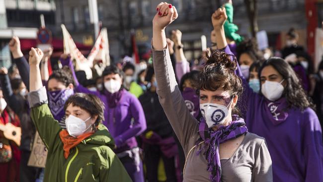 Women's rights activists at a protest rally organised by the Alliance of Internationalist Feminists in Berlin to commemorate International Women's Day. Picture: Getty Images