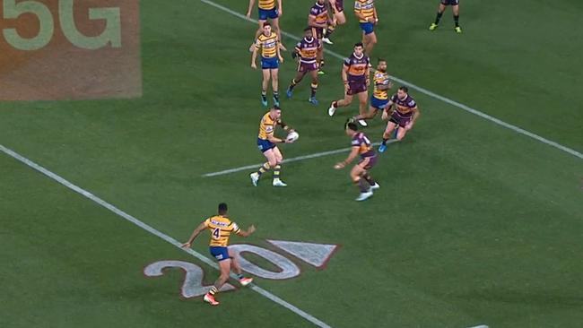 The NRL conceded this pass from Clint Gutherson was incorrectly ruled as forward, denying Blake Ferguson a try. Picture: Fox Sports