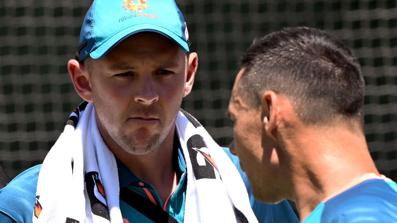 Josh Hazlewood and Scott Boland. Picture: AFP