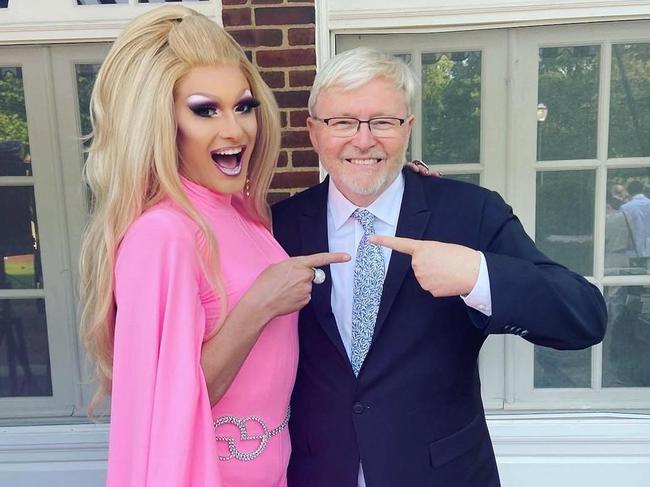 Kevin Rudd with drag queen DJ Kitty Glitter at a pricey Pride party hosted by the Australian Embassy. Picture: Instagram