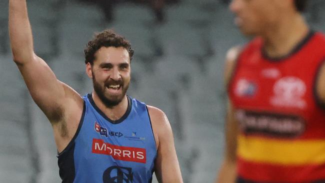 Sturt’s Abe Davis celebrates a goal against Adelaide last season. Picture: David Mariuz