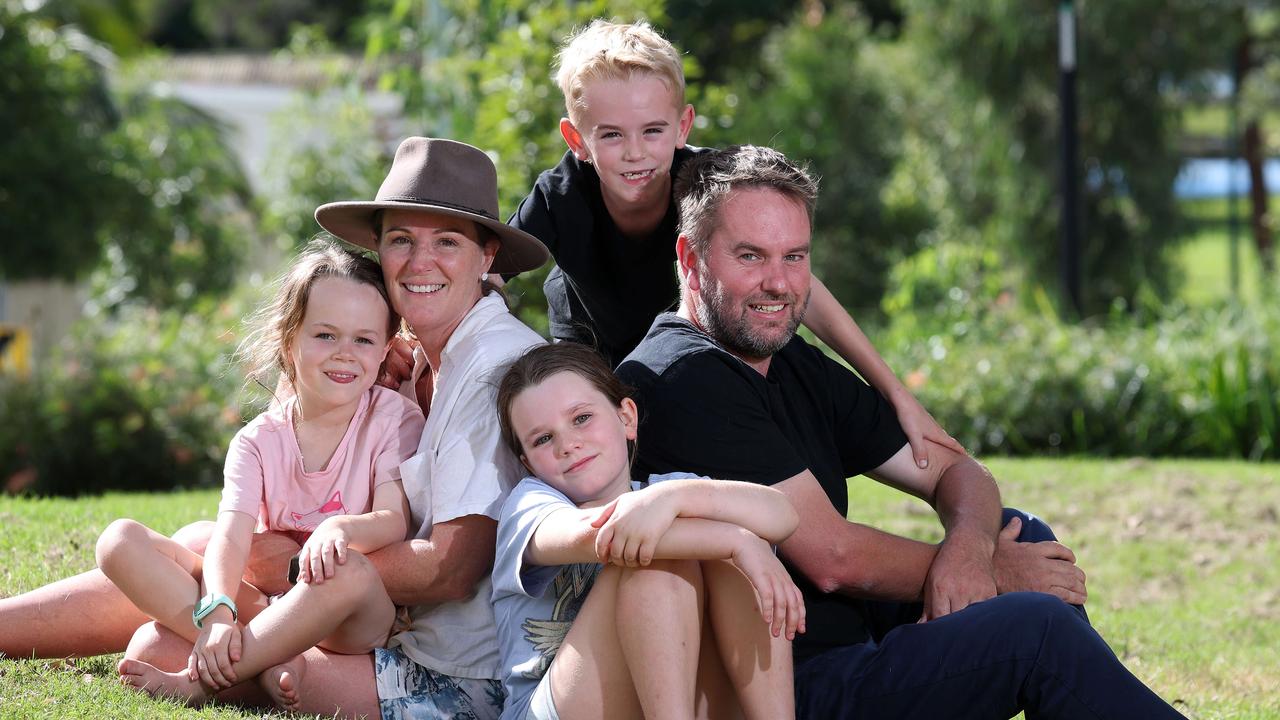 Sunshine Coast parents Jess and Luke Crawford with children Frankie Crawford, 5, Lenny Crawford, 7 and Billie Crawford, 9, are concerned by cost of living increases. Picture: Liam Kidston.