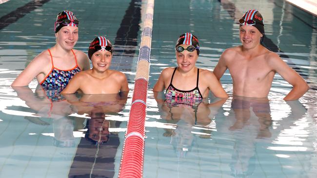 Barossa swimmers Meg Wood, Keegan Coulter, Miella Curthoys-Davies and Keian Curthoys-Davies get set for SA Country Swimming Championships. Picture: Kelly Barnes