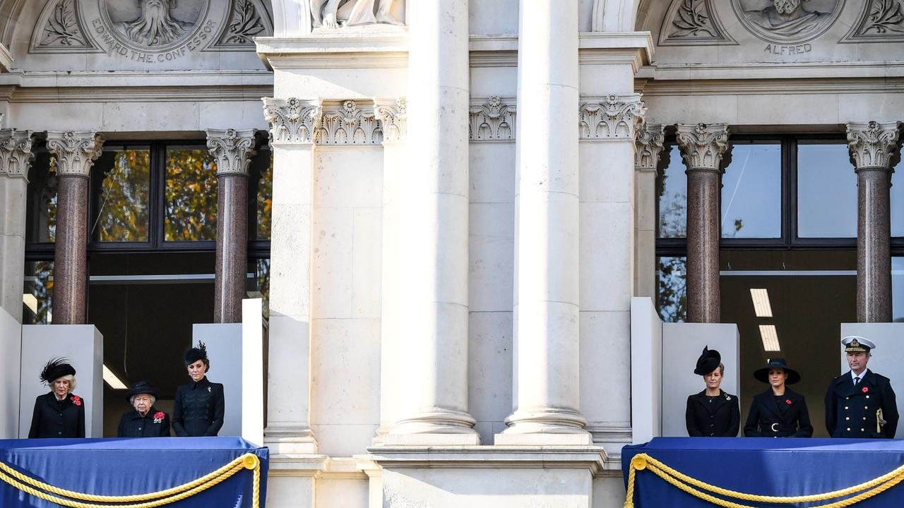 At last year’s Remembrance Day service, Kate shared a balcony with the Queen and Camilla while Meghan was relegated to stand between Sophie and Tim. Picture: James Veysey/Shutterstock