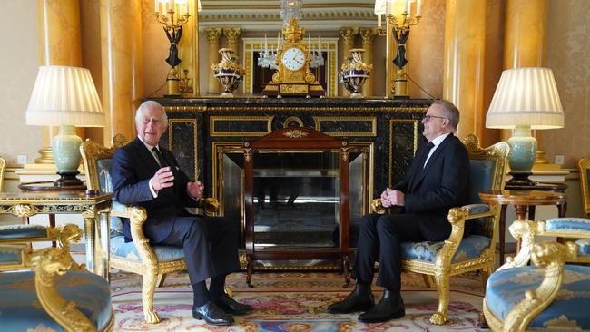 King Charles III speaks with Prime Minister Anthony Albanese. Picture: Stefan Rousseau