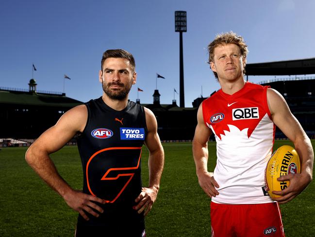 Giants co-captain Stephen Coniglio (left) and Swans co-captain Callum Mills are ready for Saturday’s derby. Picture: Phil Hillyard