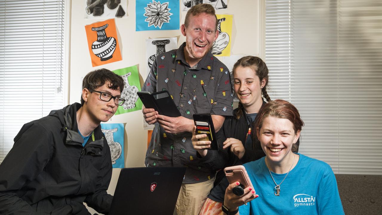 Having fun experimenting with online dating apps are (from left) Jared Jones, Scott Tiran, Caitlin Mortlock and Ella McGuire. Picture: Kevin Farmer