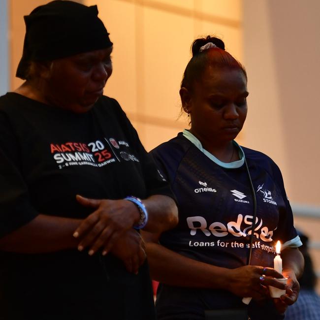 Warlpiri community leaders stood outside the NT Parliament on Wednesday during a vigil for Kumanjayi White, a 24-year-old Yuendumu man with a disability who died after being restrained by police in the Alice Springs Coles. Picture: Zizi Averill