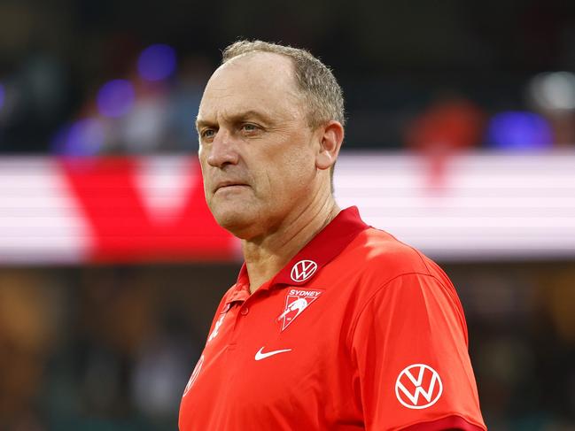 SYDNEY, AUSTRALIA – MARCH 07: John Longmire, Senior Coach of the Swans looks on during the 2024 AFL Opening Round match between the Sydney Swans and the Melbourne Demons at the Sydney Cricket Ground on March 07, 2024 in Sydney, Australia. (Photo by Michael Willson/AFL Photos via Getty Images)