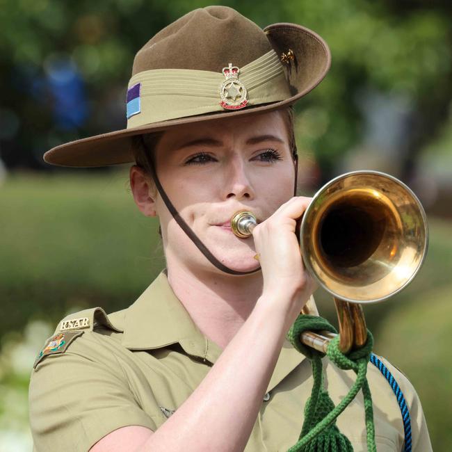 An Anzac Day bugler during the service at the Cross of Sacrifice at Pennington Gardens, North Adelaide, last year. Picture: Image/Russell Millard Photography