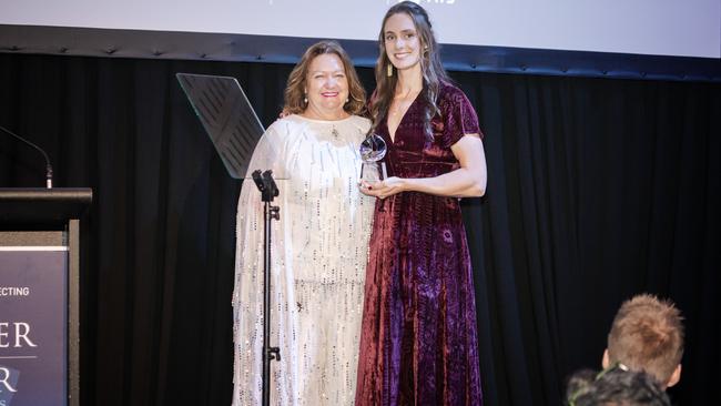 Mining billionaire Gina Rinehart with Australian rower Jessica Morrison, who won the Gina Leadership award in 2019