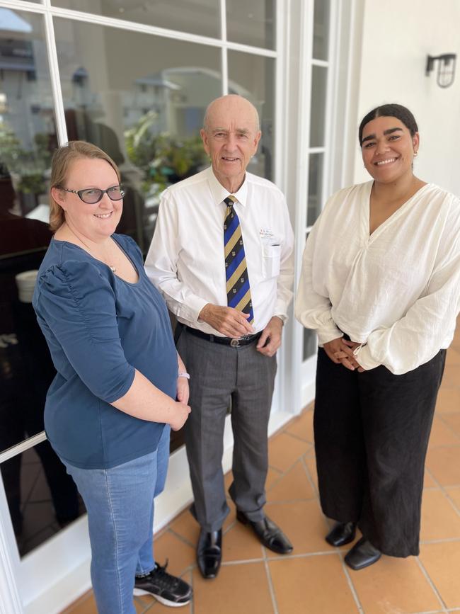 Grant award winners Stephanie Nixon (left) and Hannah Pakoa (right) pictured with Professor John Pearn AO KJM Patron. Picture: Queensland Ambulance Service.