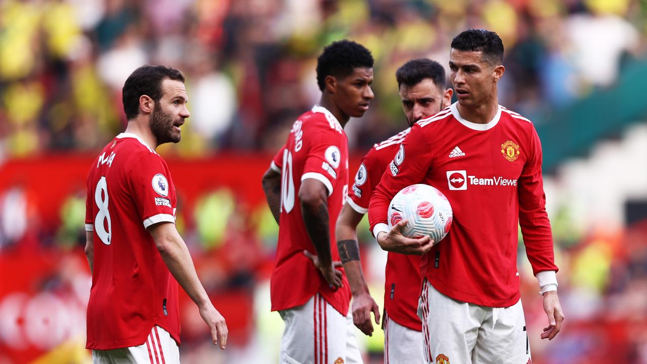 MANCHESTER, ENGLAND - APRIL 16: Cristiano Ronaldo of Manchester United prepares to take a free kick during the Premier League match between Manchester United and Norwich City at Old Trafford on April 16, 2022 in Manchester, England. (Photo by Naomi Baker/Getty Images)