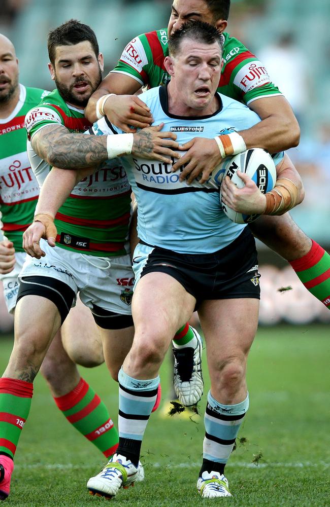 Sharks forward Paul Gallen putting in the hard work during last year’s elimination final against the Rabbitohs. Pic: Gregg Porteous