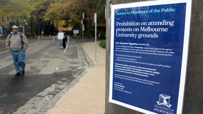 A sign posted by Melbourne University regarding the student camp set up at the Carlton campus in support of Palestine and against the current genocide being committed by Israel. Picture: NCA NewsWire/Andrew Henshaw