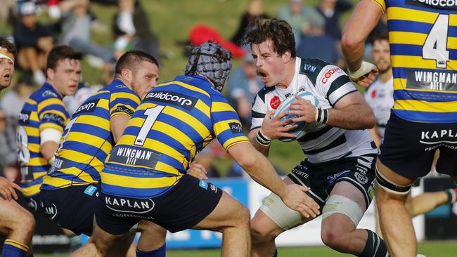 Warringah’ Mungo Mason charges the Sydney Uni defensive line in round one of the Shute Shield.