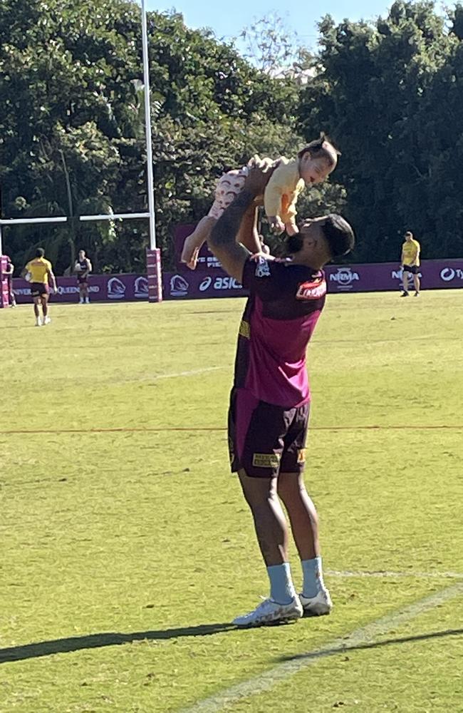 Payne Haas pictured with his daughter Lalita Haas during training. Picture Supplied