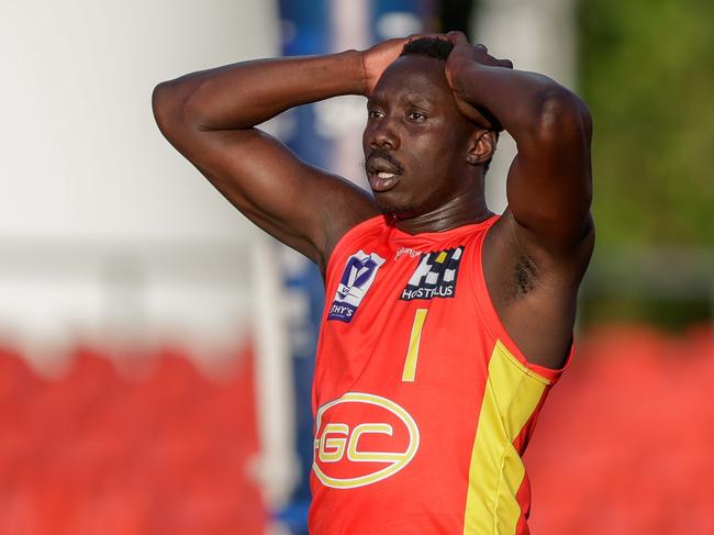 GOLD COAST, AUSTRALIA - SEPTEMBER 16: Mabior Chol of the Suns reacts during the 2023 VFL Preliminary Final match between the Gold Coast SUNS and The Box Hill Hawks at Heritage Bank Stadium on September 16, 2023 in Gold Coast, Australia. (Photo by Russell Freeman/AFL Photos via Getty Images)