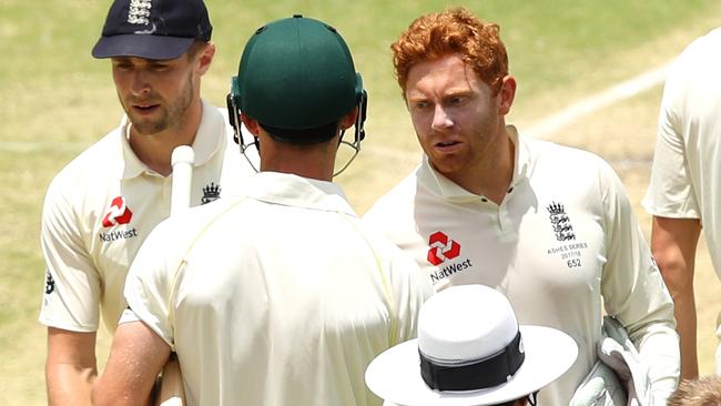 Cameron Bancroft, left, and Jonny Bairstow shake hands. Picture: Getty Images.