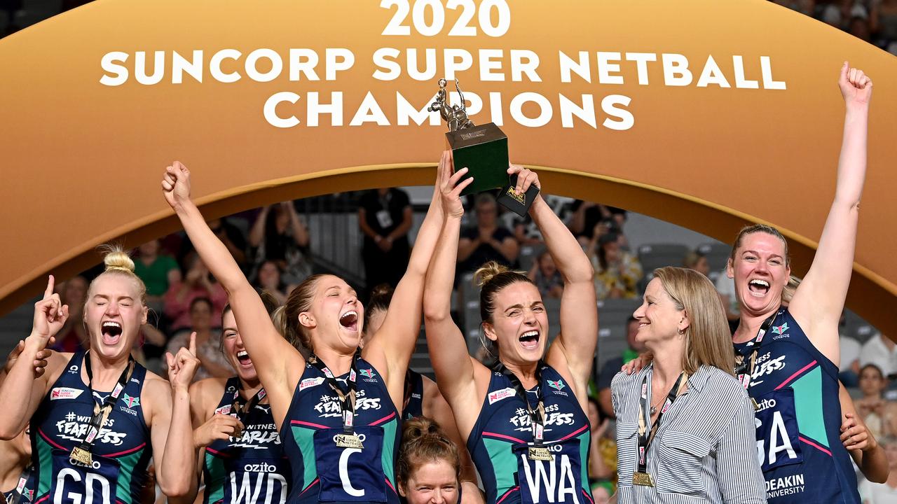 The Vixens celebrate victory after the 2020 Super Netball Grand Final win.