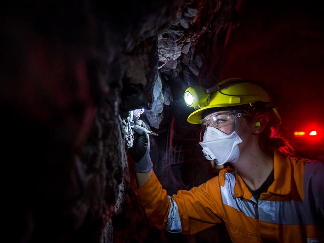 BHP's Jeanette Taylor explores the mineralogy as part of the company's expansion into the southern mine area at Olympic Dam. Picture: Supplied