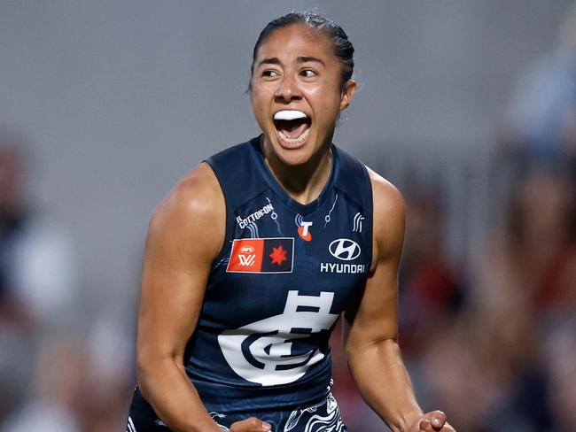 MELBOURNE, AUSTRALIA - NOVEMBER 02: Darcy Vescio of the Blues celebrates a goal during the 2024 AFLW Round 10 match between the Carlton Blues and the Essendon Bombers at IKON Park on November 02, 2024 in Melbourne, Australia. (Photo by Michael Willson/AFL Photos via Getty Images)