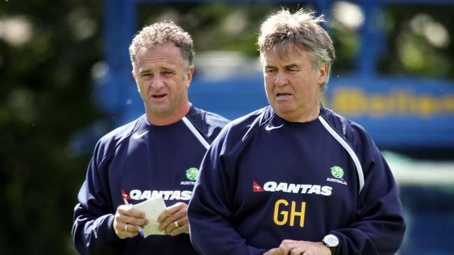 Graham Arnold (left) and Guus Hiddink will reunite in Brisbane next month. Picture: ANP PHOTO PICS UNITED/RUUD VERHALLE