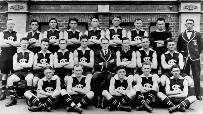 1928 SA State football team in Melbourne. Bruce McGregor (Ken's father) captain W.A. (Wat) Scott (vice-captain), Horrie Riley (Sturt) 4th from left top row, carnival medal winner.