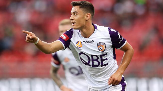 Perth Glory’s Chris Ikonomidis celebrates after scoring against Western Sydney Wanderers last week. Picture: Getty Images