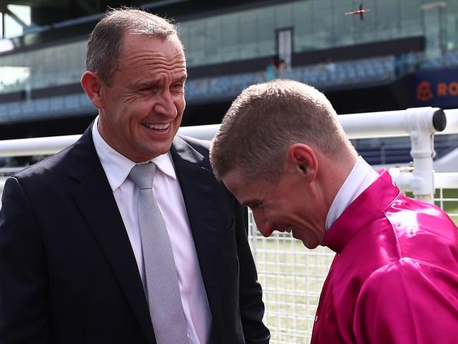 SYDNEY, AUSTRALIA - FEBRUARY 17: Trainer Chris Waller celebrates after James Mcdonald riding Fangirl wins Race 7 Petaluma Apollo Stakes during 