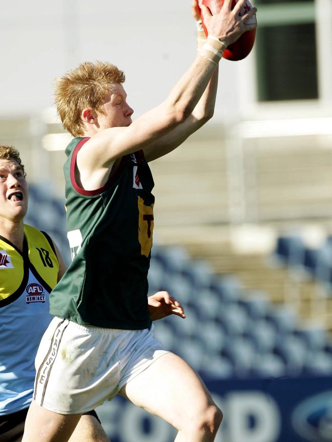 A young Jack Riewoldt in action for Tasmania at under-18 level.