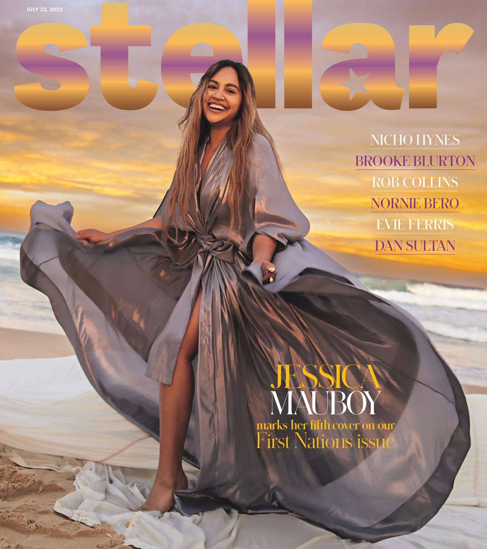 Jessica Mauboy on the cover of this weekend’s First Nations issue of Stellar, which exclusively features First Nations people, including Brooke Blurton.