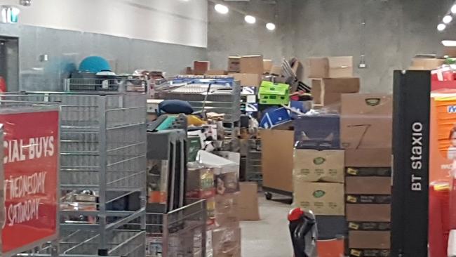 Workers have demanded action of safety concerns in loading docks, including goods being stored in chaotic conditions. Picture: Supplied