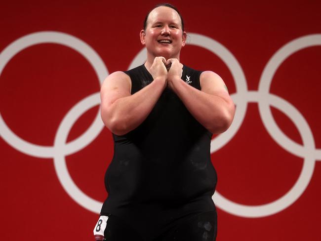 TOKYO, JAPAN - AUGUST 02: Laurel Hubbard of Team New Zealand competes during the Weightlifting - Women's 87kg+ Group A on day ten of the Tokyo 2020 Olympic Games at Tokyo International Forum on August 02, 2021 in Tokyo, Japan. (Photo by Chris Graythen/Getty Images)