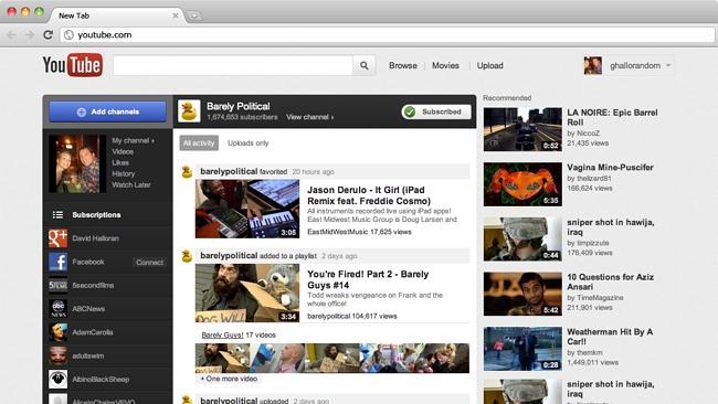  This screen grab provided by Google Inc. on Thursday, Dec. 1, 2011 shows the newly reprogrammed YouTube website. The facelift, unveiled Thursday, is the latest step in YouTube's attempt to make the Internet's most popular video site as easy to navigate and as compelling to watch as cable TV. In the process, YouTube owner Google Inc. hopes to make money selling ads. (AP Photo/Google Inc.) 