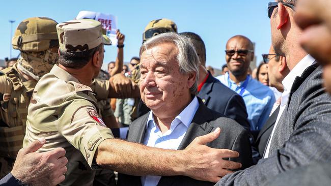 Egyptian soldiers escort Antonio Guterres during his visit to Rafah last week. Picture: AFP