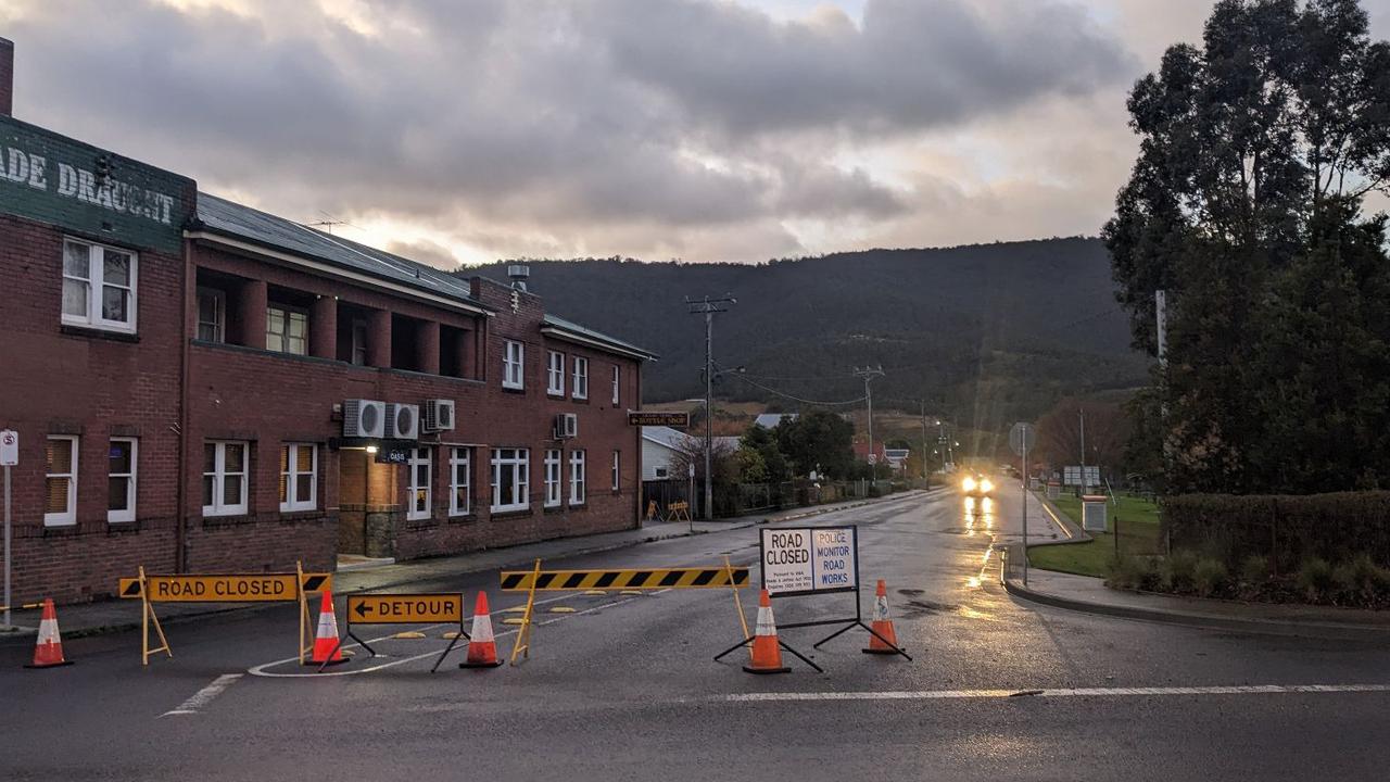 Road closure signs at the intersection of Main Street and The Esplanade Huonville with the road leading to Cygnet. Picture: David Killick