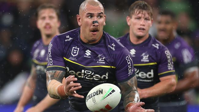 Melbourne Storm player Nelson Asofa-Solomona wears nose tape during a recent NRL match against the Penrith Panthers. Picture: Getty