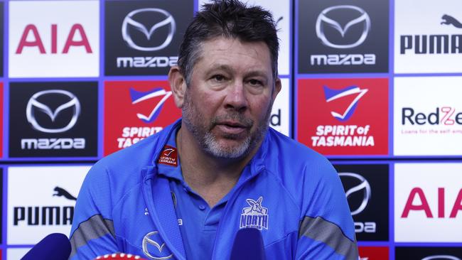 North Melbourne’s round 20 clash against West Coast will be Brett Ratten’s final game as interim coach before Alastair Clarkson takes over. Picture: Darrian Traynor / Getty Images