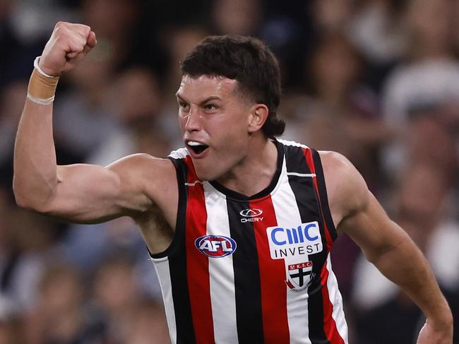 MELBOURNE, AUSTRALIA - AUGUST 25:  Rowan Marshall of the Saints celebrates a goal during the round 24 AFL match between Carlton Blues and St Kilda Saints at Marvel Stadium, on August 25, 2024, in Melbourne, Australia. (Photo by Darrian Traynor/Getty Images)