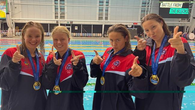 The Manly Swimming Club's women's 4x100m freestyle relay team who won gold at the Australian Open National Swimming Championships in Adelaide. (left to right) Lauren Wilson, Lily McPherson, Charli Brown and Georgina Seton. Picture: Manly Swimming Club